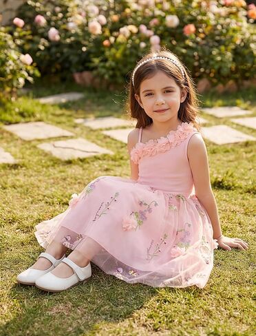 Flower Girls Dress for Wedding One Shoulder 3D Floral Embroidered Tulle Dress Formal Birthday Party Fairy Princess Outfit in Kuwait