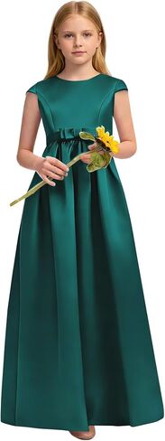 Satin Flower Girl Dresses for Wedding Cap Sleeves Bow Waist A-Line Long First Communion Dress for Girls 2771 in Kuwait