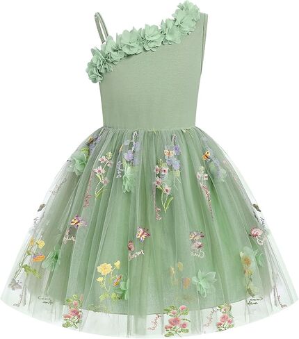 Flower Girls Dress for Wedding One Shoulder 3D Floral Embroidered Tulle Dress Formal Birthday Party Fairy Princess Outfit in Kuwait