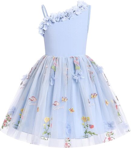 Flower Girls Dress for Wedding One Shoulder 3D Floral Embroidered Tulle Dress Formal Birthday Party Fairy Princess Outfit in Kuwait
