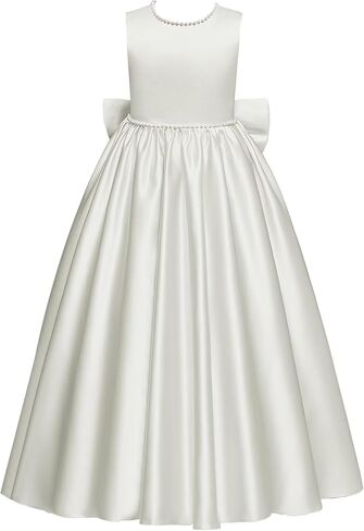 Verngo Satin Flower Girl Dresses for Wedding Long Pleated Pearls Princess Pageant Communion Gown with Bow in Saudi Arabia