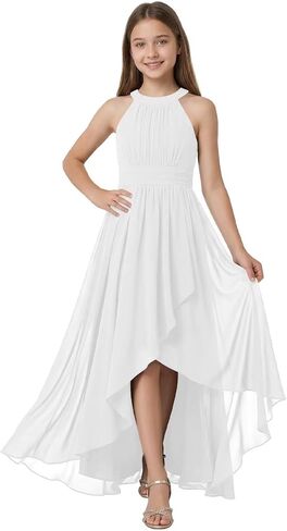 Rlweus Halter Chiffon Junior Bridesmaid Dresses for Wedding Guest Dress Hi-Lo Pleated Flower Girl Dresses for Girls in Saudi Arabia
