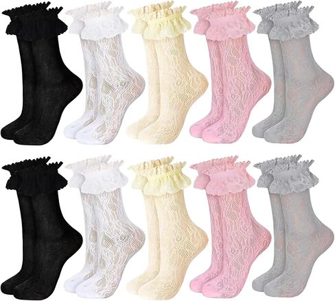 KUNAL 10 Pairs Lace Socks Women with Ruffle Frilly, Cute Lolita Lace Ruffle Socks, Comfortable Sexy Mesh Trim Princess Sock for Ladies & Girls in Saudi Arabia