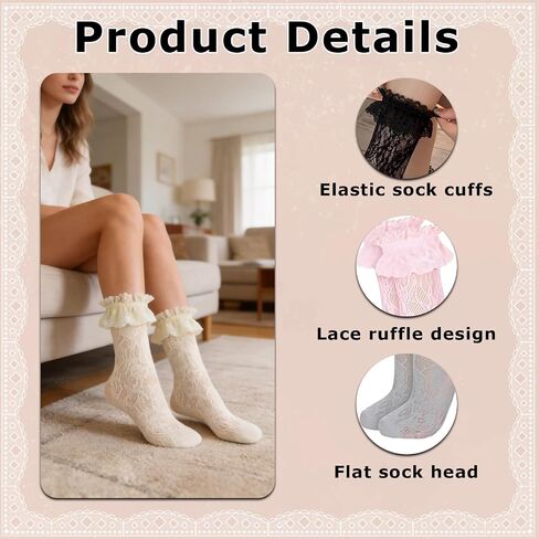 KUNAL 10 Pairs Lace Socks Women with Ruffle Frilly, Cute Lolita Lace Ruffle Socks, Comfortable Sexy Mesh Trim Princess Sock for Ladies & Girls in Saudi Arabia