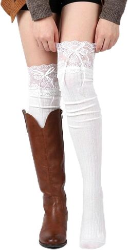 White Knee High Stockings, Lolita Socks with Bow Kawaii Ruffle Cute Lace Knee High Socks for Women Dating Dance in Kuwait
