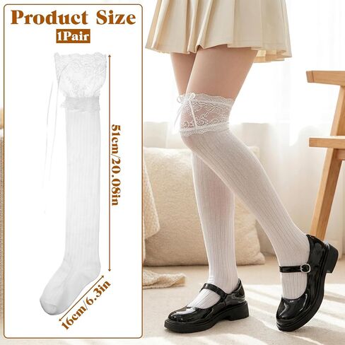 White Knee High Stockings, Lolita Socks with Bow Kawaii Ruffle Cute Lace Knee High Socks for Women Dating Dance in Kuwait
