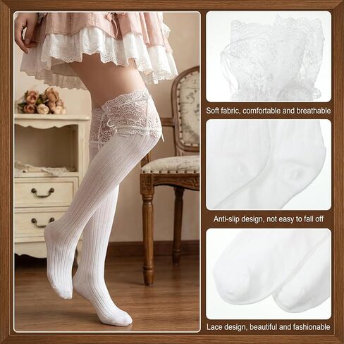 White Knee High Stockings, Lolita Socks with Bow Kawaii Ruffle Cute Lace Knee High Socks for Women Dating Dance in Kuwait
