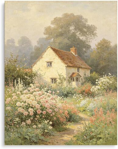 Unframed Cottage Garden Wall Art Print, Pastel Floral Landscape Poster, Romantic Farmhouse Decor for Bedroom Nursery Living Room 12x18in Unframed in Kuwait