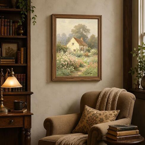 Unframed Cottage Garden Wall Art Print, Pastel Floral Landscape Poster, Romantic Farmhouse Decor for Bedroom Nursery Living Room 12x18in Unframed in Kuwait