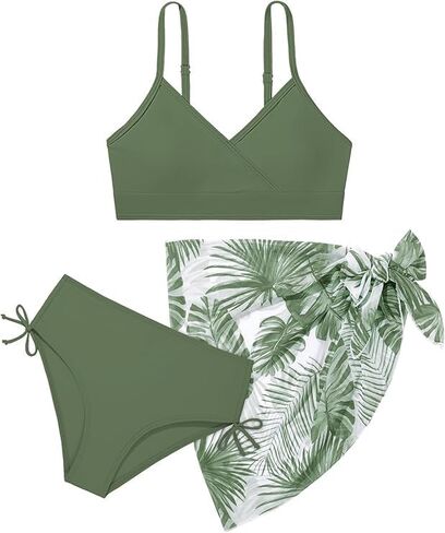 Teen Girls Swimsuit 3 Piece V-Neck Color Block Floral Print Bikini Set with Cover Up Skirt Swimwear Bathing Suits 9-16Y in Kuwait