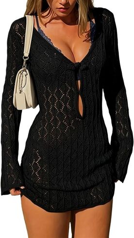 WODECASA Women Crochet Cover Up Dress V Neck Knit Hollow Out Beach Dress Long Sleeve Button Front Swim Bikini Cover Up in Saudi Arabia
