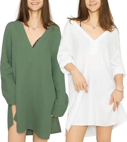 MERIDIANA Women's 100% Cotton Seersucker V Neck Swimsuit Coverup Bikini Cover Up Dress Bathing Suit Cover in Saudi Arabia