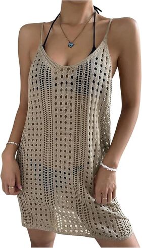 WDIRARA Women's Crochet Beach Cover Up Hollow Out Sleeveless Knit Swim Dress Coverups in Kuwait