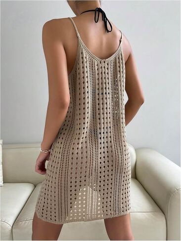 WDIRARA Women's Crochet Beach Cover Up Hollow Out Sleeveless Knit Swim Dress Coverups in Kuwait