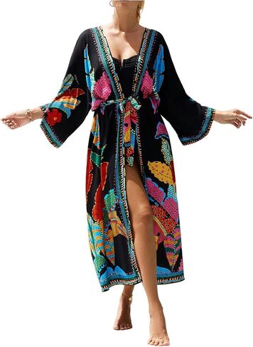 WDIRARA Women's Tropical Print Long Kimono Belted Long Sleeve Coverups Beach Cover Ups in Kuwait