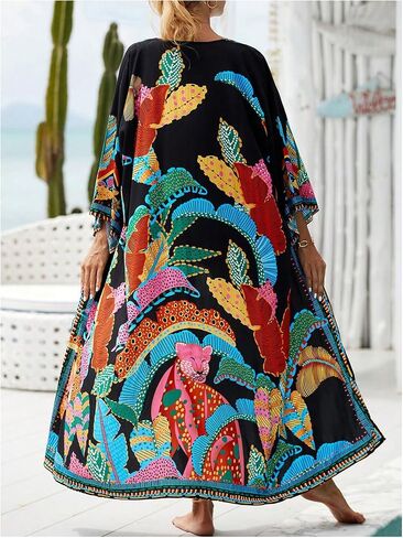 WDIRARA Women's Tropical Print Long Kimono Belted Long Sleeve Coverups Beach Cover Ups in Kuwait
