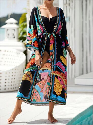 WDIRARA Women's Tropical Print Long Kimono Belted Long Sleeve Coverups Beach Cover Ups in Kuwait