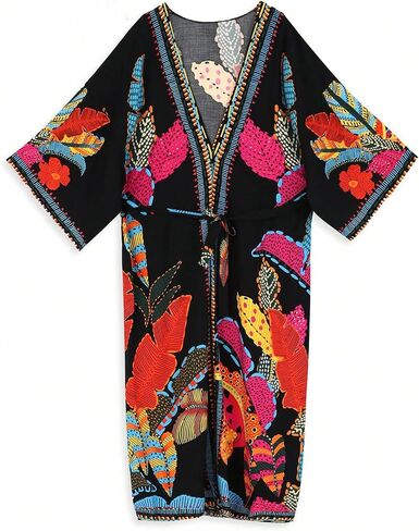 WDIRARA Women's Tropical Print Long Kimono Belted Long Sleeve Coverups Beach Cover Ups in Kuwait