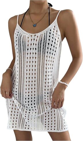 WDIRARA Women's Crochet Beach Cover Up Hollow Out Sleeveless Knit Swim Dress Coverups in Kuwait