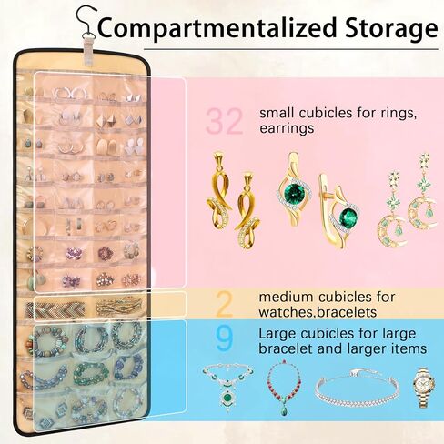 2 Pack Hanging Jewelry Organizer and Storage,Necklace Holder Anti-tangle Earrings Rings Hanger with 43 Pockets 21 Hooks,Double-Sided Jewelry Storage for Closet Door Wall in Saudi Arabia