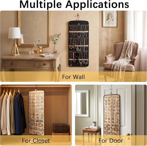 2 Pack Hanging Jewelry Organizer and Storage,Necklace Holder Anti-tangle Earrings Rings Hanger with 43 Pockets 21 Hooks,Double-Sided Jewelry Storage for Closet Door Wall in Saudi Arabia