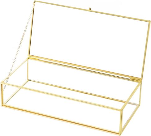 Glass Jewelry Box, Vintage Rectangle Gold Keepsake Box Organizer Box Vanity Lidded Box Home Decor Accent Decorative Box for Storage Trinket Rings Bracelet in Kuwait