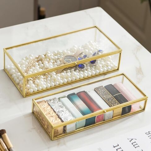 Glass Jewelry Box, Vintage Rectangle Gold Keepsake Box Organizer Box Vanity Lidded Box Home Decor Accent Decorative Box for Storage Trinket Rings Bracelet in Saudi Arabia