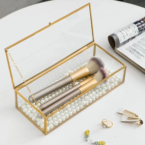 Glass Jewelry Box, Vintage Rectangle Gold Keepsake Box Organizer Box Vanity Lidded Box Home Decor Accent Decorative Box for Storage Trinket Rings Bracelet in Kuwait