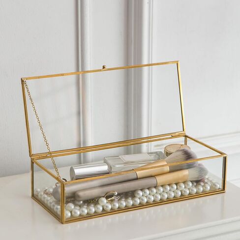 Glass Jewelry Box, Vintage Rectangle Gold Keepsake Box Organizer Box Vanity Lidded Box Home Decor Accent Decorative Box for Storage Trinket Rings Bracelet in Kuwait
