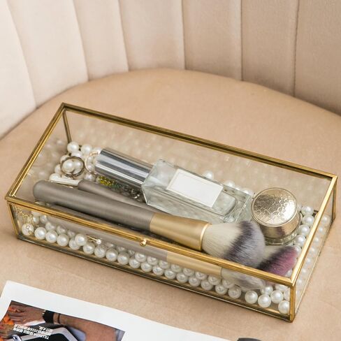 Glass Jewelry Box, Vintage Rectangle Gold Keepsake Box Organizer Box Vanity Lidded Box Home Decor Accent Decorative Box for Storage Trinket Rings Bracelet in Kuwait