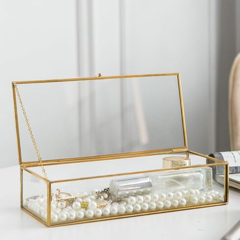 Glass Jewelry Box, Vintage Rectangle Gold Keepsake Box Organizer Box Vanity Lidded Box Home Decor Accent Decorative Box for Storage Trinket Rings Bracelet in Kuwait