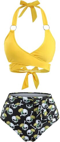 DRESSFO Womens Retro Bikini Set Two Piece Gothic Skull Sunflower Printed Bowknot Halter Vintage Tankini Bathing Suit in Kuwait