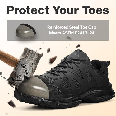 Furuian Steel Toe Shoes for Men Women Lightweight Safety Work Shoes Breathable Steel Toe Sneakers for Women Men Comfortable Breathable Safety Sneakers Unisex All Black Women10.5/Men9 in Kuwait