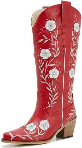 Women’s Wide Calf Turquoise Embroidered Cowgirl Boots – Plus Size Western Knee High Boots with Floral Stitching, Pull On Style and Low Block Heel in Saudi Arabia