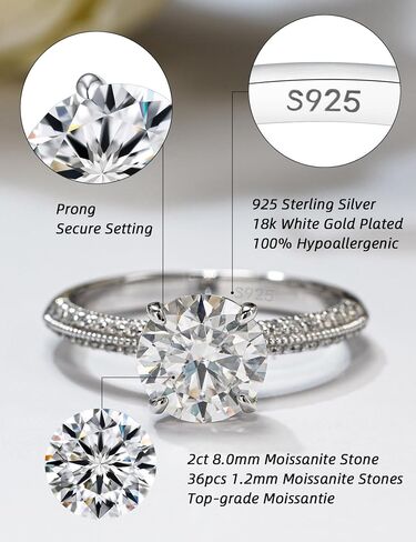 IMOLOVE Moissanite Engagement Rings for Women, 2 Carat D Color VVS1 Solitaire Engagement Promise Rings for Her Round Cut Moissanite Wedding Rings for Women with 18K White Gold Plated Size 5-11 in Kuwait