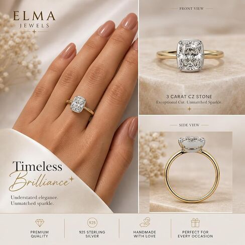 3 Carat Elongated Cushion Moissanite Diamond Engagement Ring: Georgian Button Back Settin,14 kt Gold Plated wedding gift,Gift For Her,gsize 3-12. in Saudi Arabia