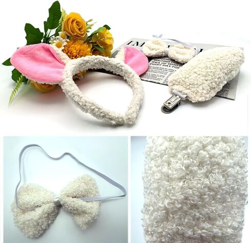 3 Pieces Lamb Sheep Costume Accessories Lamb Ear Headband Bowtie Tail for Halloween Christmas Carnival Cosplay Party Supplies White in Saudi Arabia