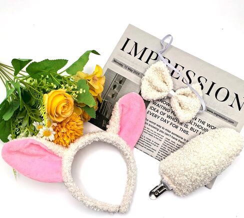 3 Pieces Lamb Sheep Costume Accessories Lamb Ear Headband Bowtie Tail for Halloween Christmas Carnival Cosplay Party Supplies White in Saudi Arabia
