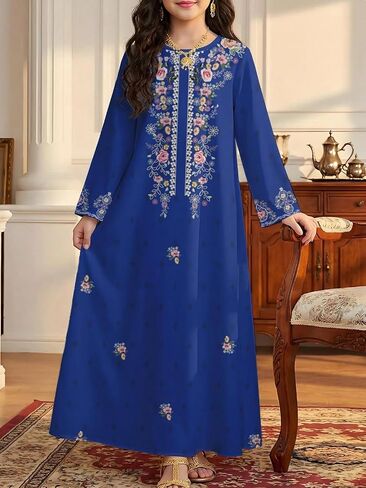 Girls' Blue Embroidered Dress, Long Sleeve A-Line Gown with Gold Trim and Floral Pattern in Kuwait