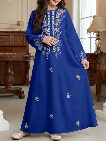 Girls' Blue Embroidered Dress, Long Sleeve A-Line Gown with Gold Trim and Floral Pattern in Kuwait