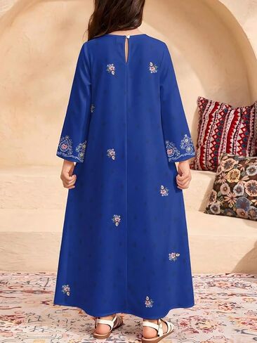 Girls' Blue Embroidered Dress, Long Sleeve A-Line Gown with Gold Trim and Floral Pattern in Kuwait