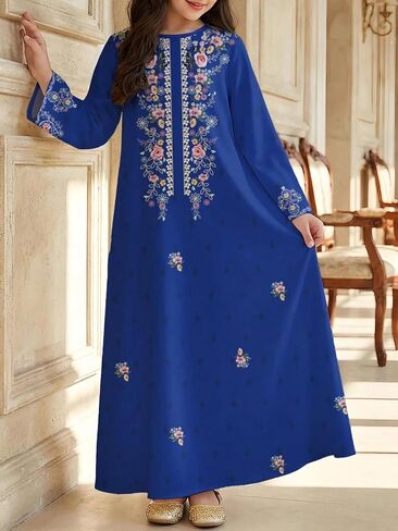 Girls' Blue Embroidered Dress, Long Sleeve A-Line Gown with Gold Trim and Floral Pattern in Kuwait
