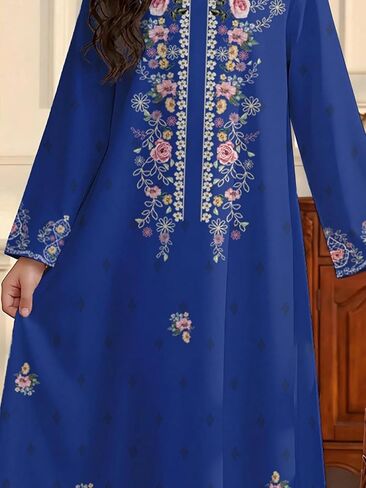 Girls' Blue Embroidered Dress, Long Sleeve A-Line Gown with Gold Trim and Floral Pattern in Kuwait