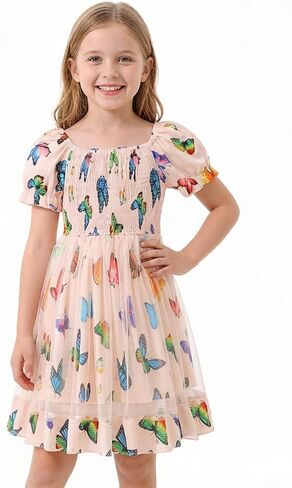Girls Dress Apricot Butterfly Print Tulle Puff Sleeve Dress for Outdoor Garden Party 5-10Y in Kuwait