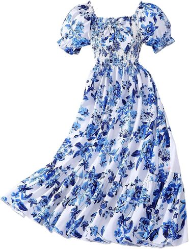 Girl's Floral Summer Dress Bow Puff Sleeve Dress Vacation Tiered Ruffle Hem A Line Dress Kids for 8-12 Y in Saudi Arabia