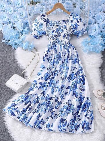 Girl's Floral Summer Dress Bow Puff Sleeve Dress Vacation Tiered Ruffle Hem A Line Dress Kids for 8-12 Y in Saudi Arabia