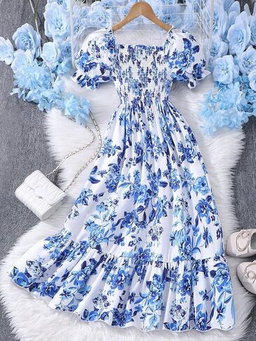 Girl's Floral Summer Dress Bow Puff Sleeve Dress Vacation Tiered Ruffle Hem A Line Dress Kids for 8-12 Y in Saudi Arabia