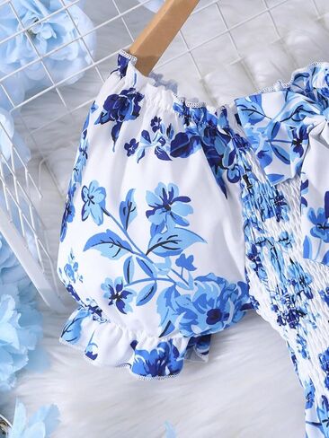 Girl's Floral Summer Dress Bow Puff Sleeve Dress Vacation Tiered Ruffle Hem A Line Dress Kids for 8-12 Y in Saudi Arabia