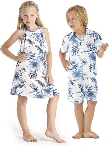 Matching Boy and Girl Siblings Hawaiian Luau Outfits in Bloom in Kuwait