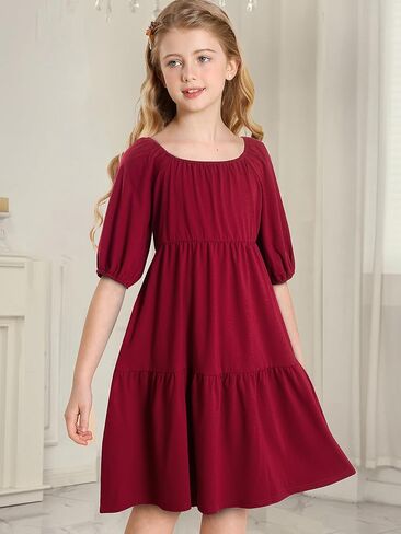 Girls Square Neck Puff Sleeve Ruched Holiday Casual Summer Flowy A-line Tiered Dresses 9-10 Years in Kuwait
